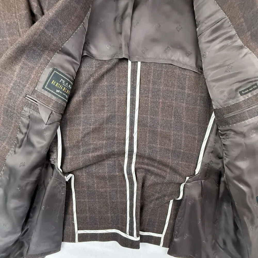 Jos A Bank Reserve Traditional Fit Blazer Jacket 46R Plaid E Thomas Cashmere